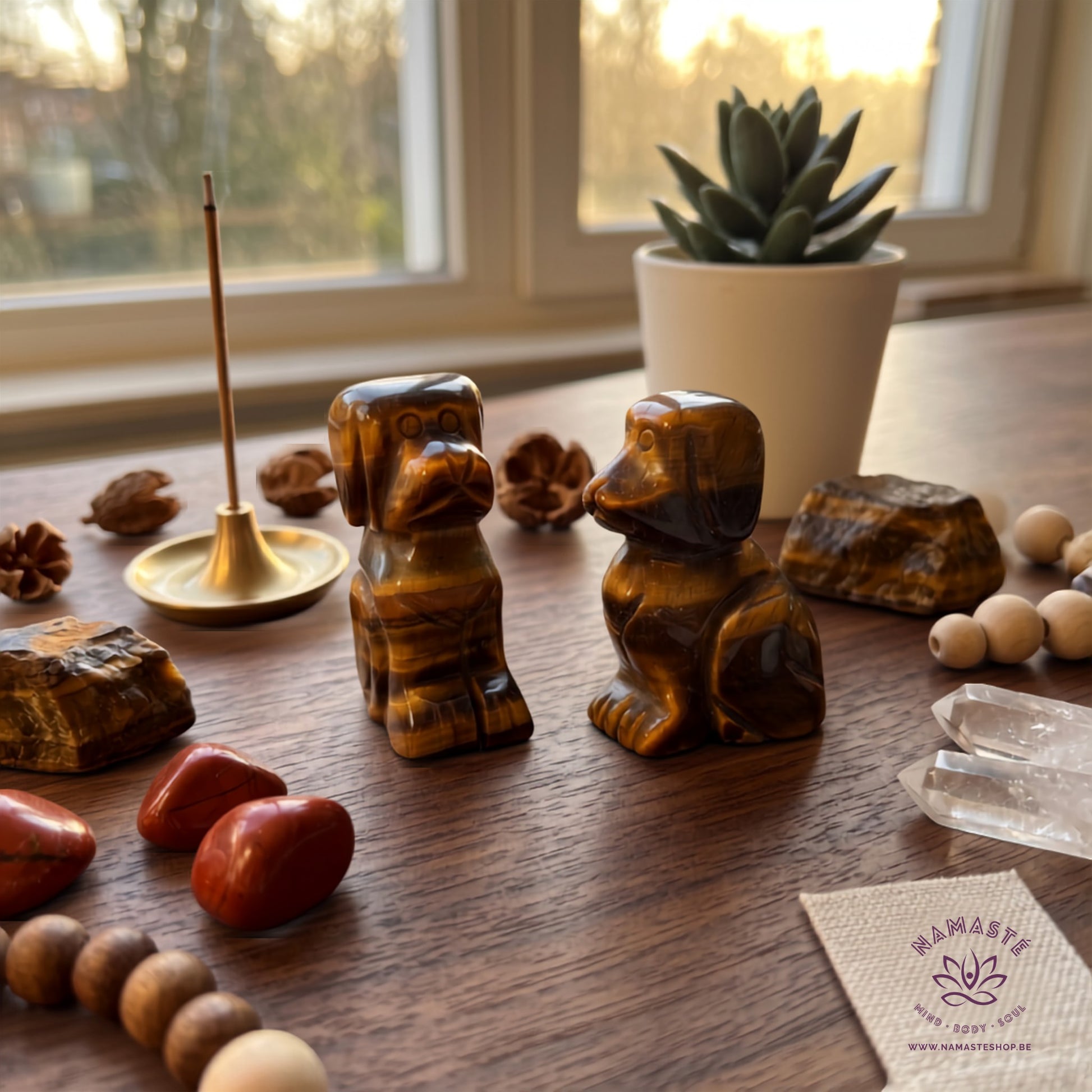 duo van hondjes in tijgeroog op een houten kast met andere kristallen errond, wierook en een plantje