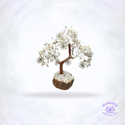 Labradoriet edelsteenboom met Levensbloem – bescherming, balans en spirituele kracht in één decorstuk.