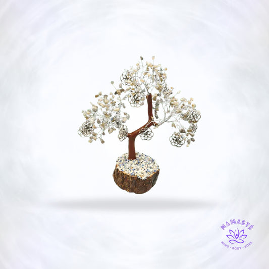 Labradoriet edelsteenboom met Levensbloem – bescherming, balans en spirituele kracht in één decorstuk.