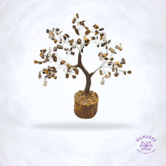 Tijgeroog edelsteenboom met Reiki-hand ornament – boom voor zelfvertrouwen, bescherming en kracht.