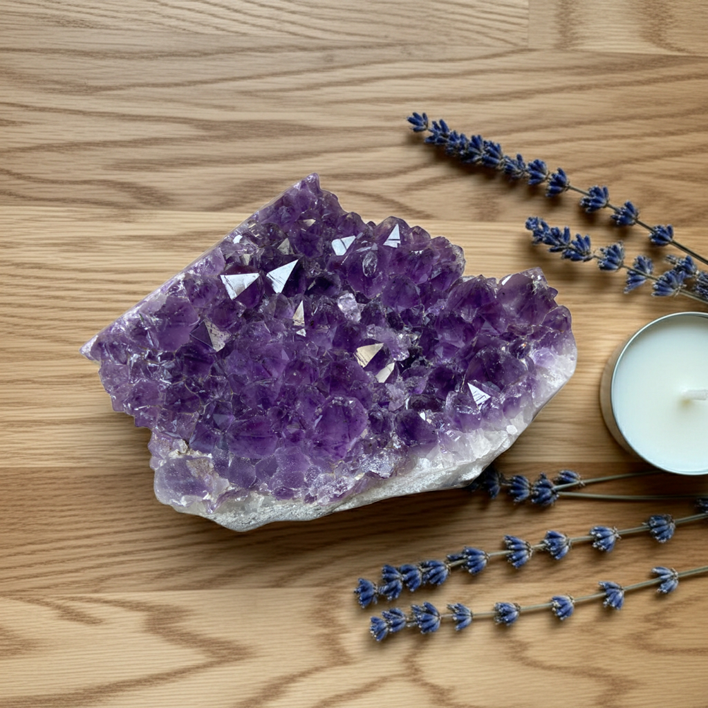 amethist cluster op een houten tafel met gedroogde lavendel en kaarsje