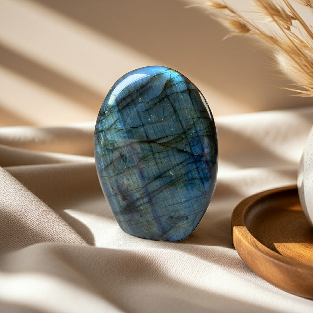 labradoriet op een doek met een houten schaal naast met een vaas