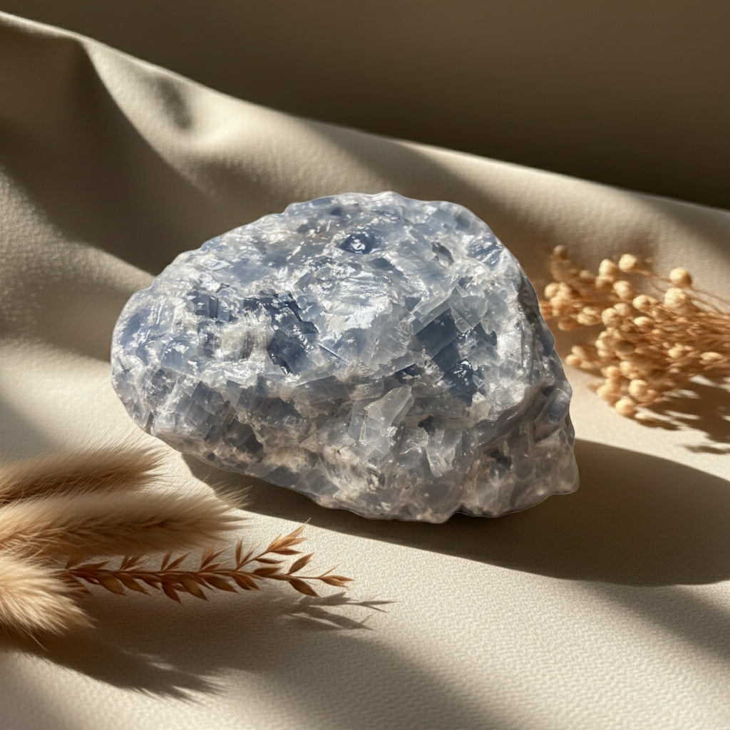 blauwe calciet op een beige doek met gedroogde bloemen