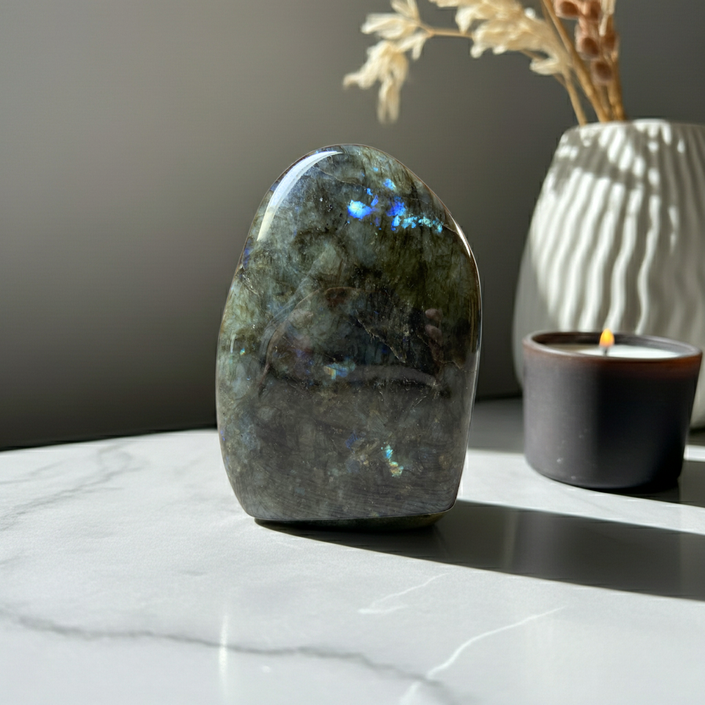 grote labradoriet op een marmeren blad met een vaas en kaars op de achtergrond