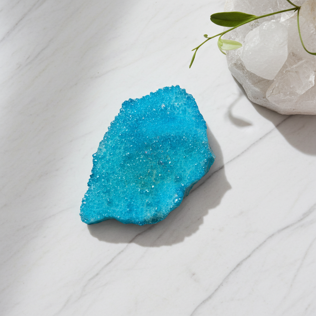 aqua aura op een marmeren blad met een plantje erbij