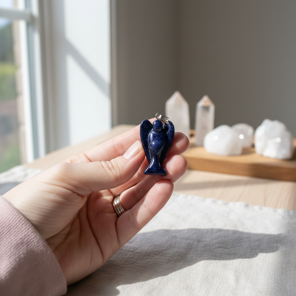 Edelsteen engel hanger in de hand gehouden met kristallen op de achtergrond