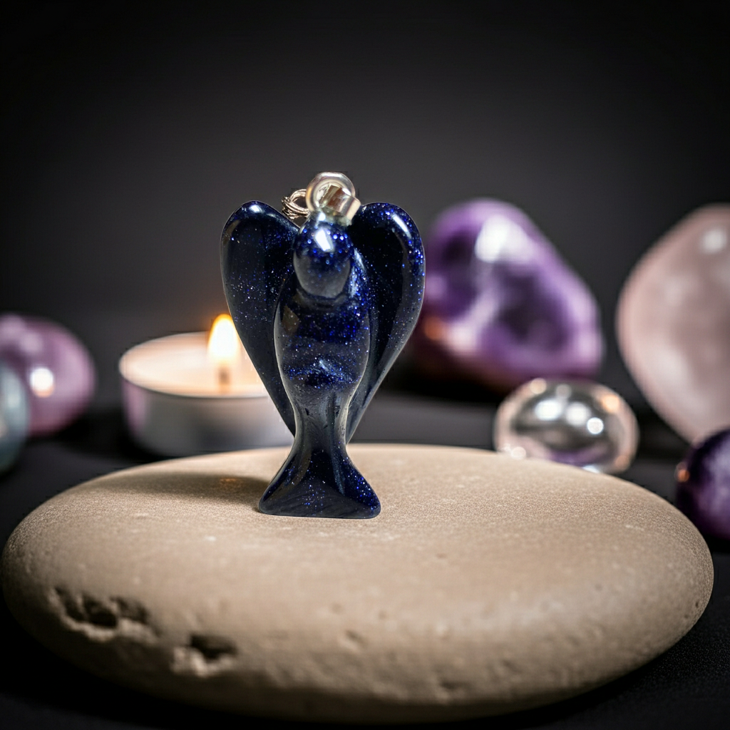 Edelsteen engel hanger in spirituele setting met kristallen en zacht kaarslicht