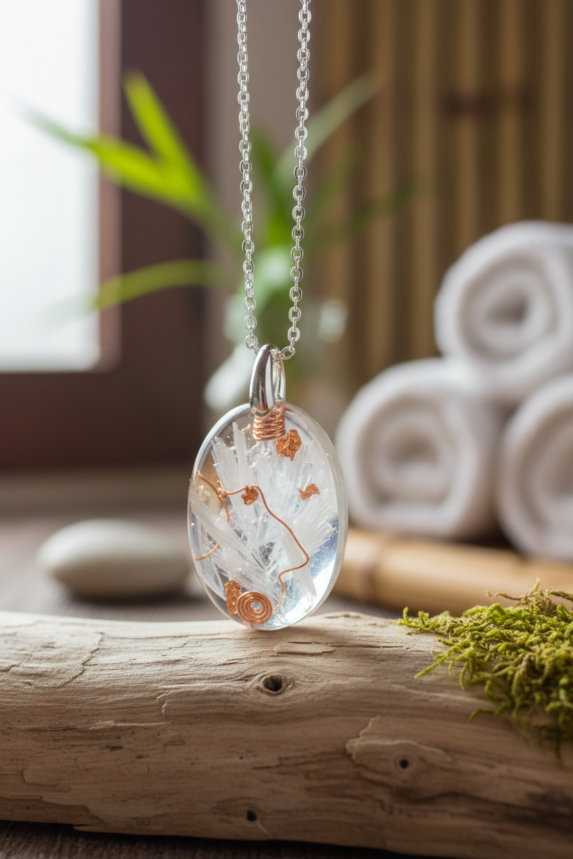 ovalen orgoniet hanger met seleniet hangend boven een stuk hout aan een zilveren ketting en een vervaagde wellness achtergrond