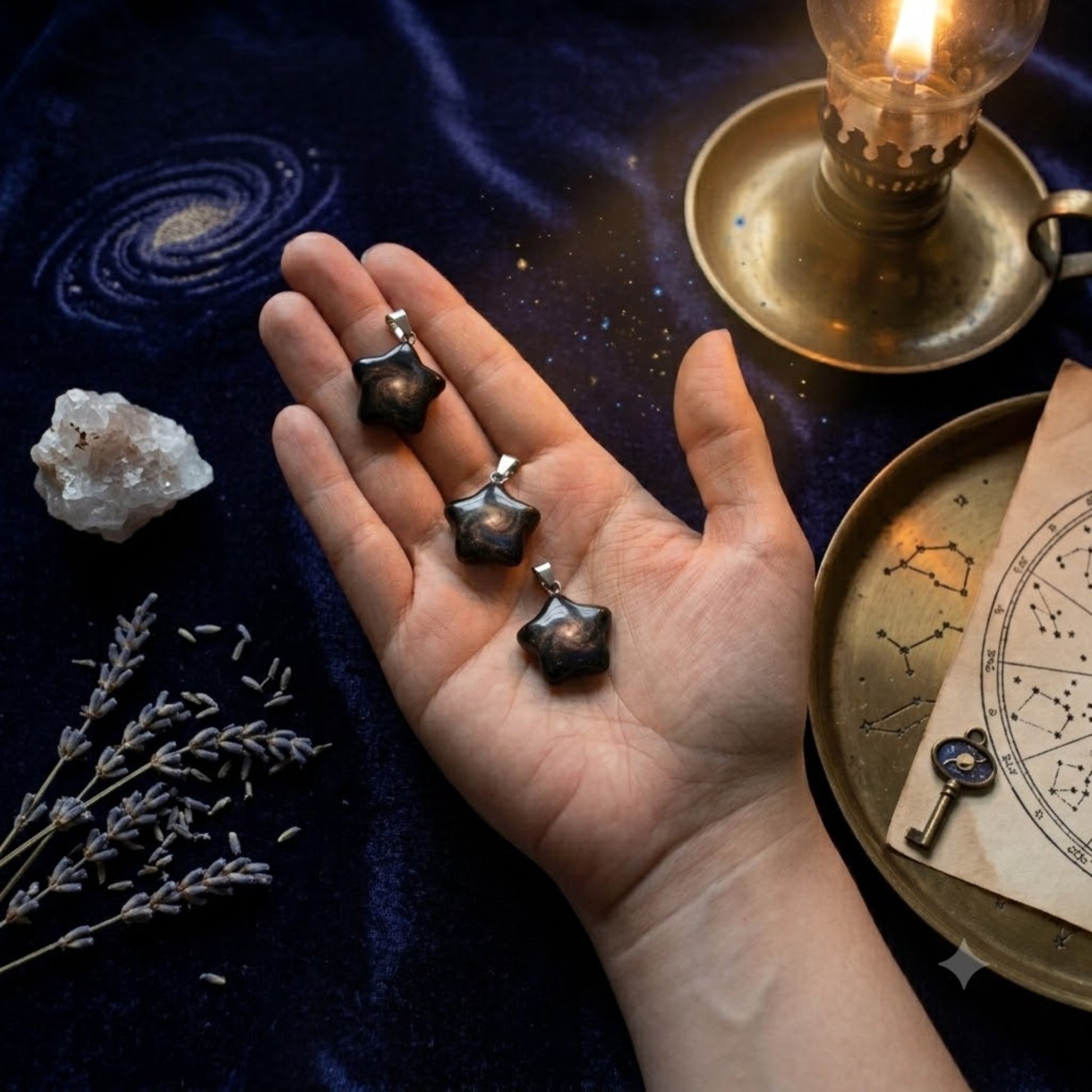 hangers stervorm in zwarte agaat in de hand met een spirituele setting