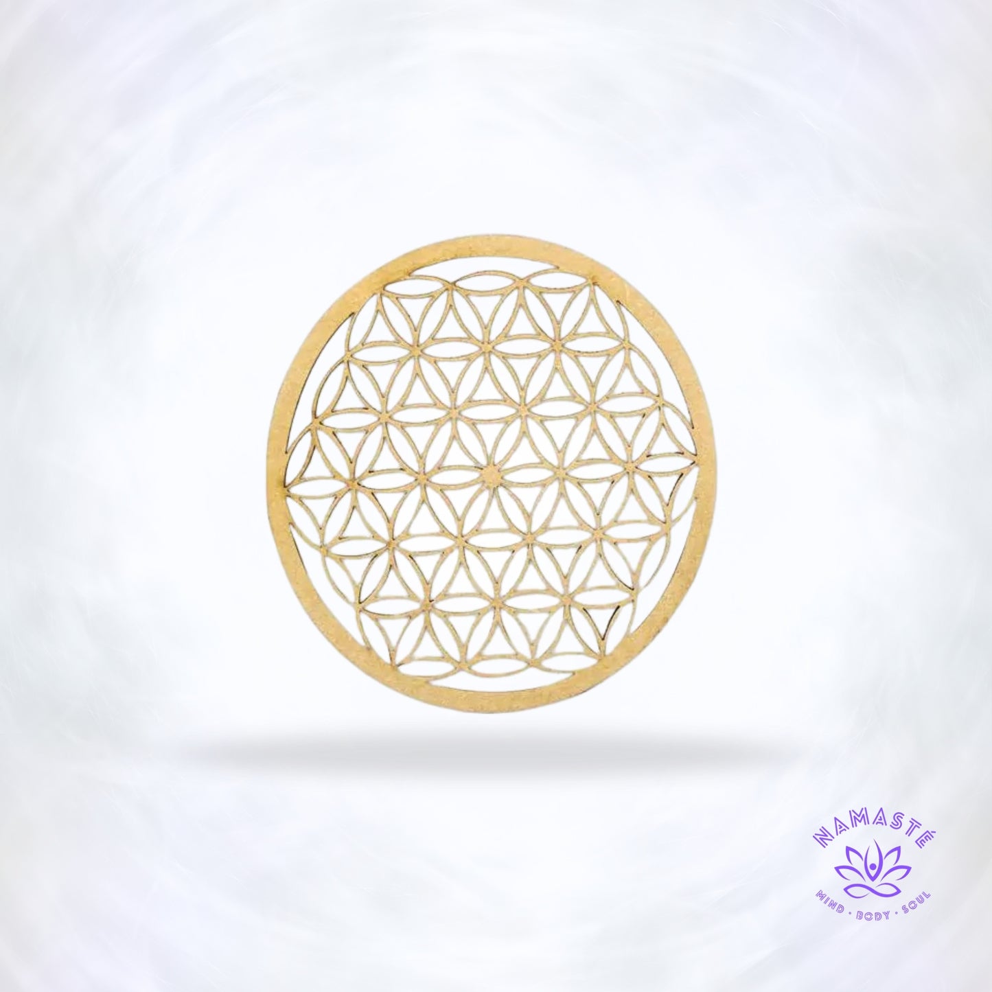 Houten kristalgrid Flower of Life 10 cm – heilige geometrie voor kristalleggingen.