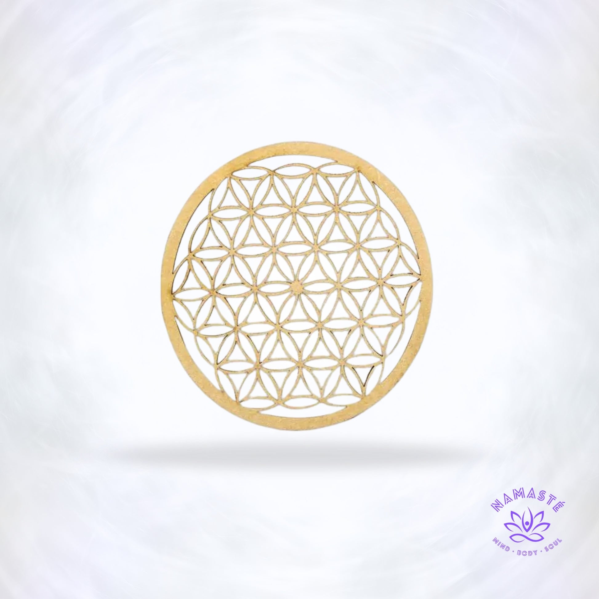 Houten kristalgrid Flower of Life 10 cm – heilige geometrie voor kristalleggingen.