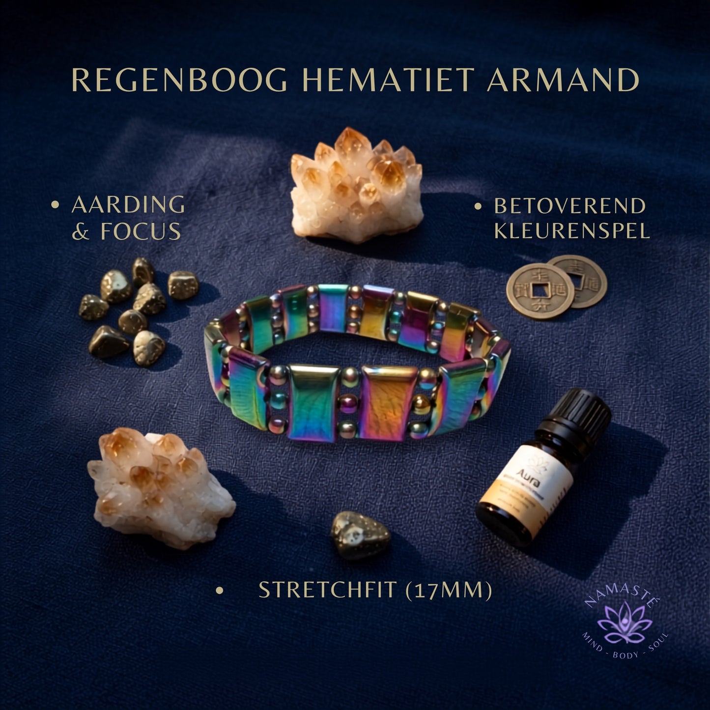 informatieve afbeelding met een regenboog hematiet armband in een spirituele setting