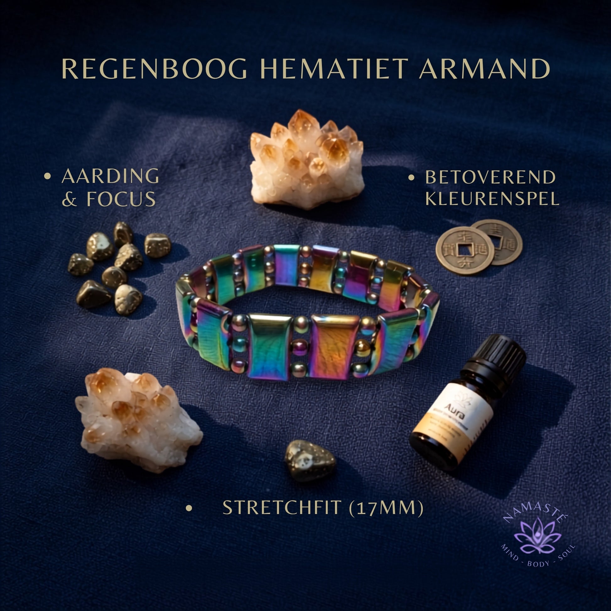 informatieve afbeelding met een regenboog hematiet armband in een spirituele setting