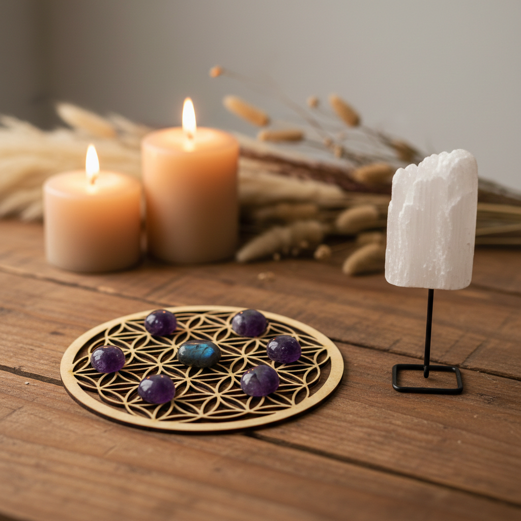 houten grid met amethist en labradoriet trommelstenen en een seleniet op pin