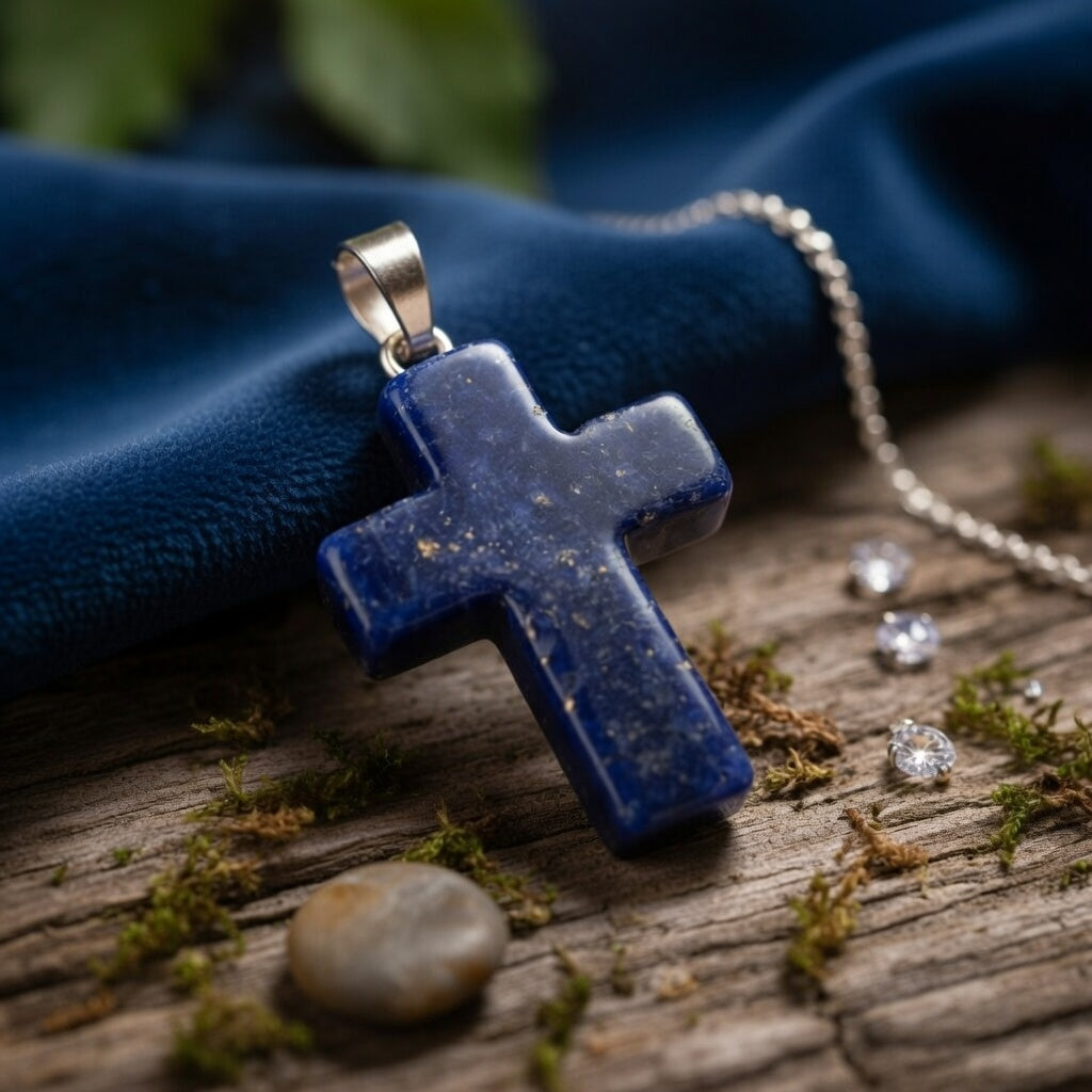 lapis lazuli kruis met setting op hout en mos