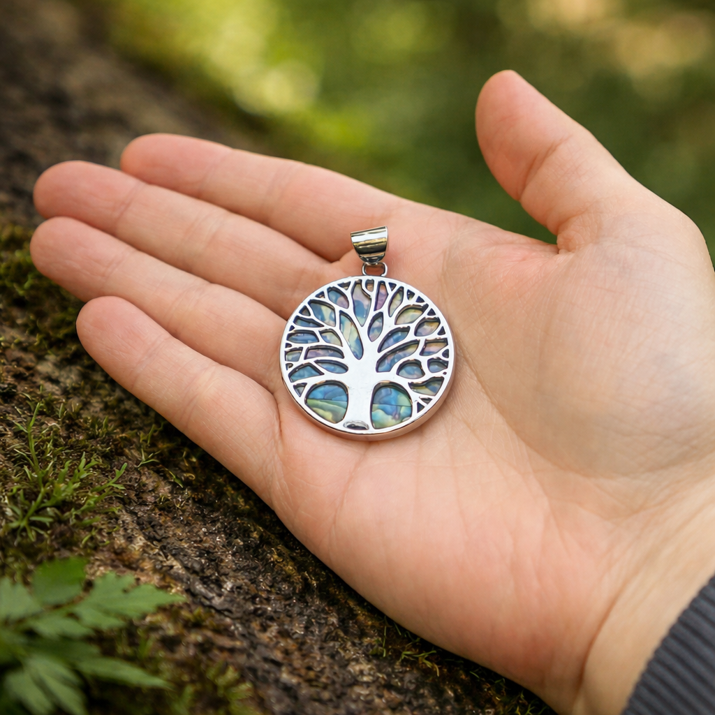 multicolour levensboomhanger met parelmoer in de hand