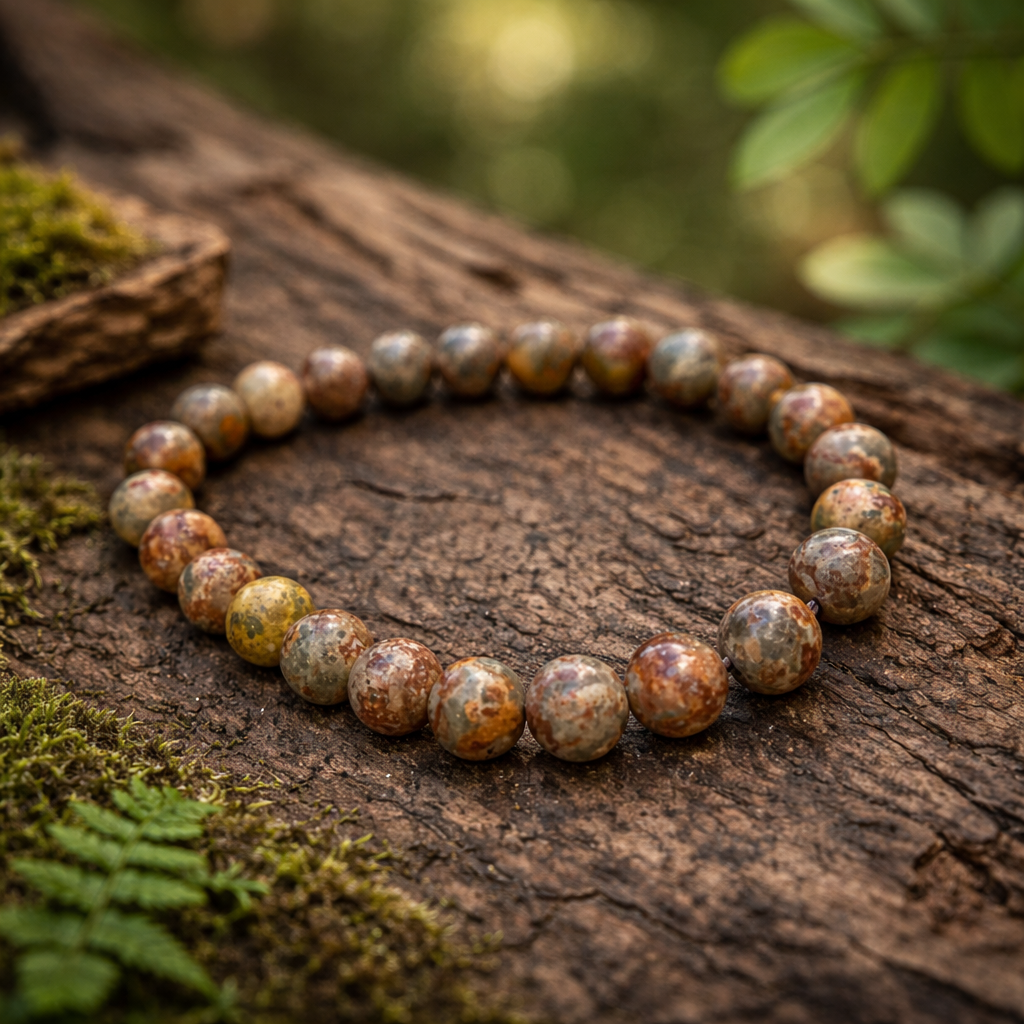 luipaard jaspis kralenarmband op boomstam