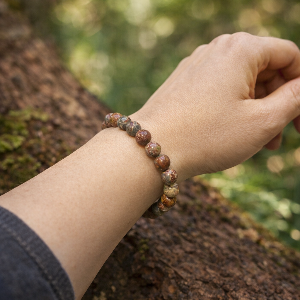 luipaard jaspis kralenarmband aan de arm