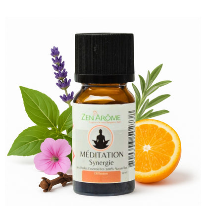 flesje meditation olie met wat ingrediënten op de achtergrond