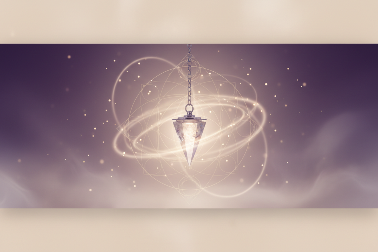 Mystical, spiritual website banner for a pendulum divination page. Soft glowing light in shades of warm beige, lavender and deep amethyst purple. A crystal pendulum gently floating or resting, surrounded by subtle golden energy lines, sacred geometry hints and soft sparkles. Ethereal atmosphere, intuitive and magical feeling, calm but powerful. Dreamy, spiritual aesthetic. No text, no hands, no clutter. Wide banner composition, high resolution.