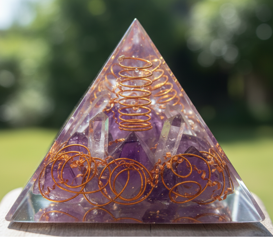 orgonite pyramide van dichtbij met duidelijk beeld van de kristallen en het metaal binnenin met vage groene achtergrond