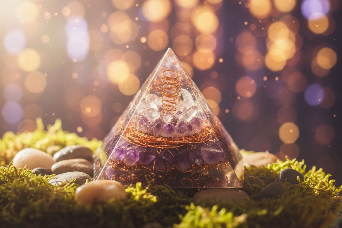 orgoniet pyramide met amethist op mos omgeven door keitjes en een vervaagde achtergrond met lichtjes