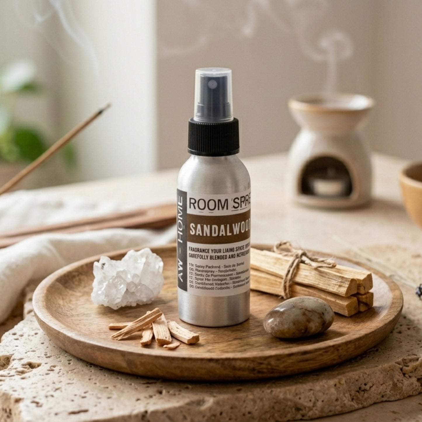 flesje sandelhoutspray omringd door kristallen, palo santo en een oliebrander op de achtergrond