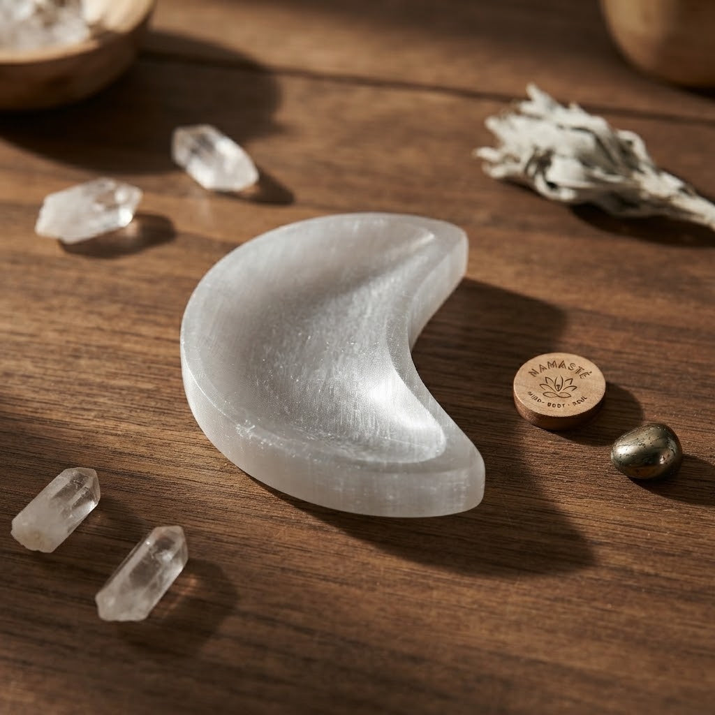 seleniet schaaltje in de vorm van een halve maan op een houten tafel