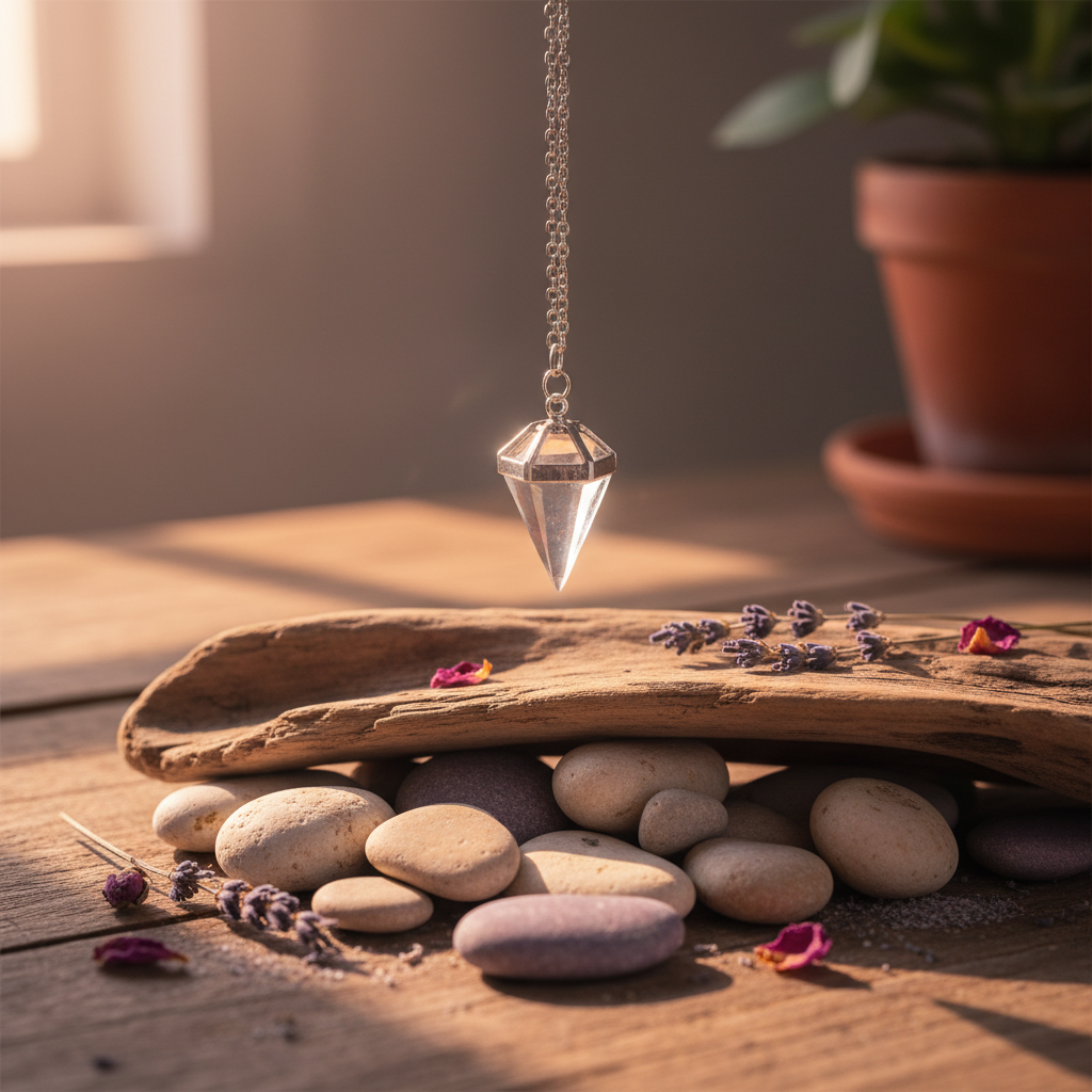 Serene setting met een pendel en gedroogde lavendel