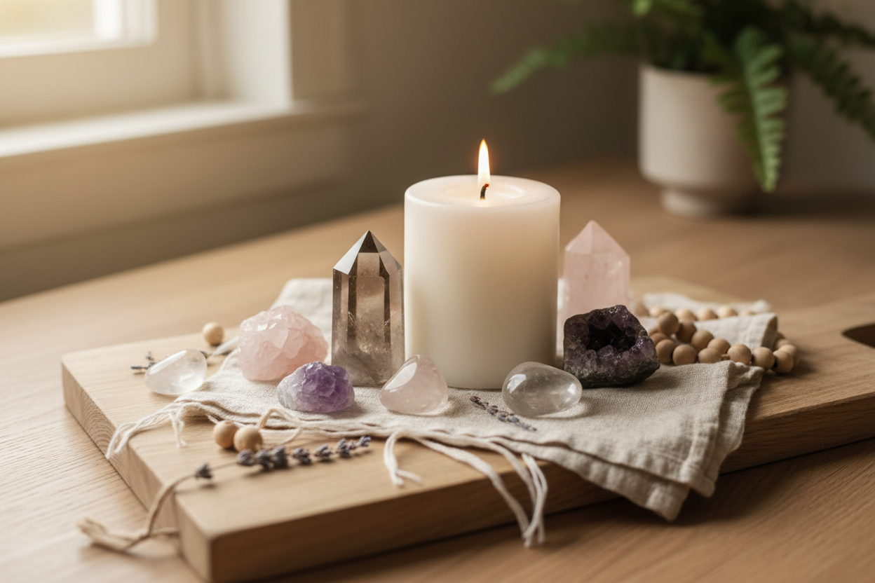 Sfeervolle setting met kristallen en kaars voor inspiratie en rituelen