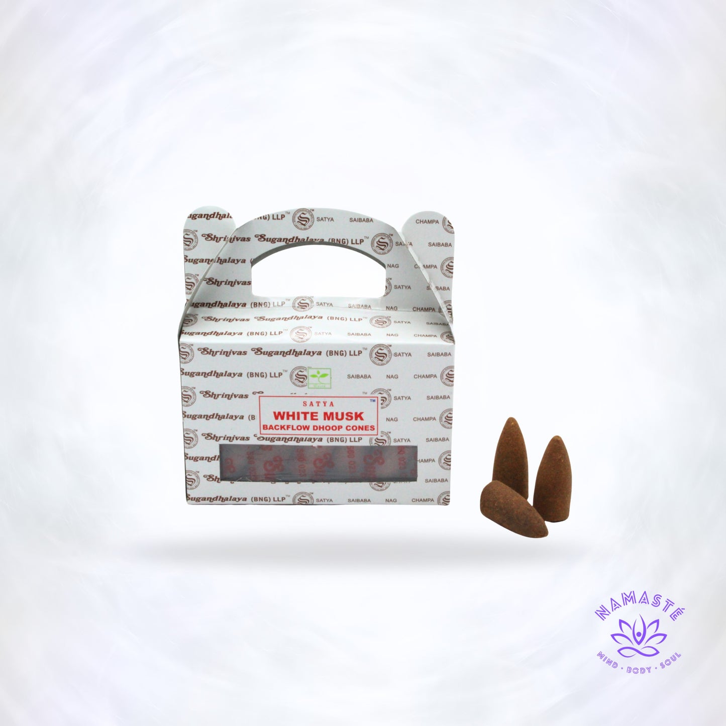 doosje white musk backflowkegles met wat losse kegels ernaast op een logo achtergrond