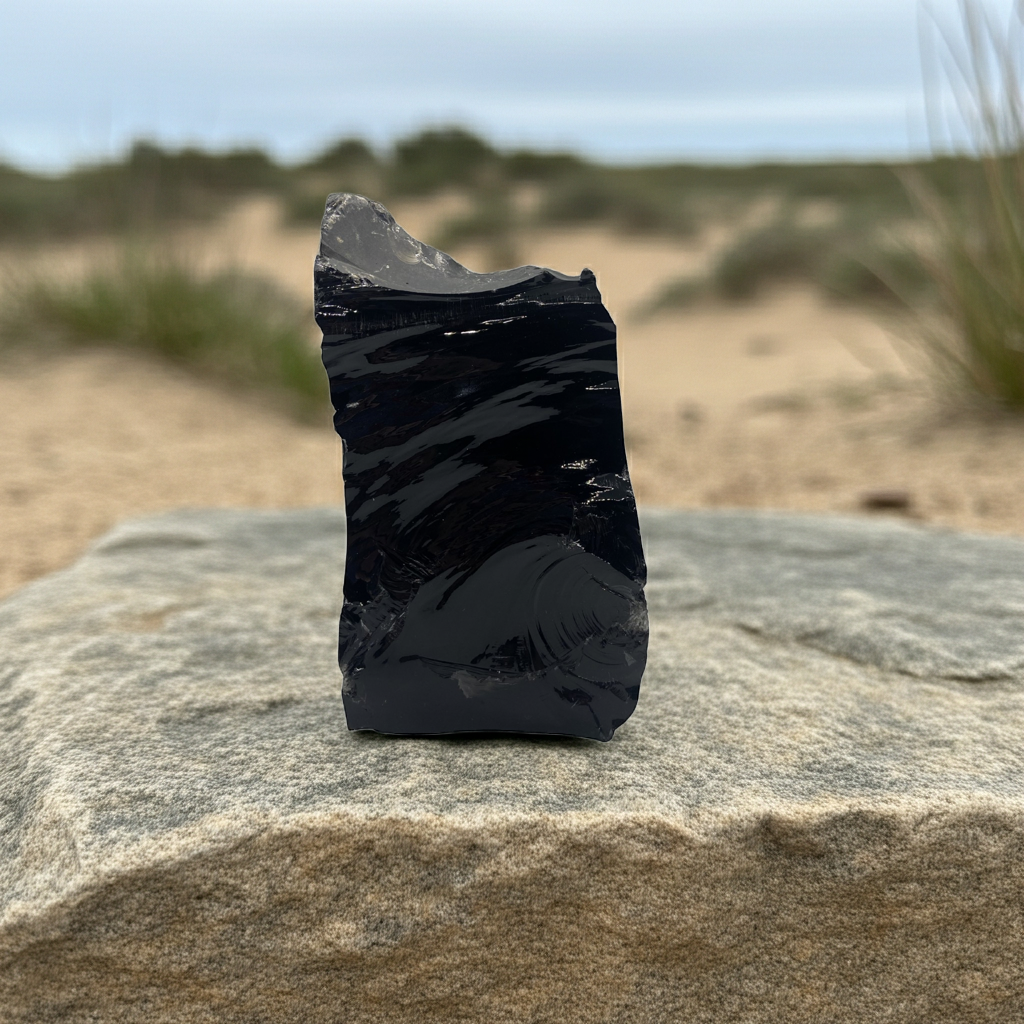ruwe zwarte obsidiaan op een rots met vage duinen op de achtergrond